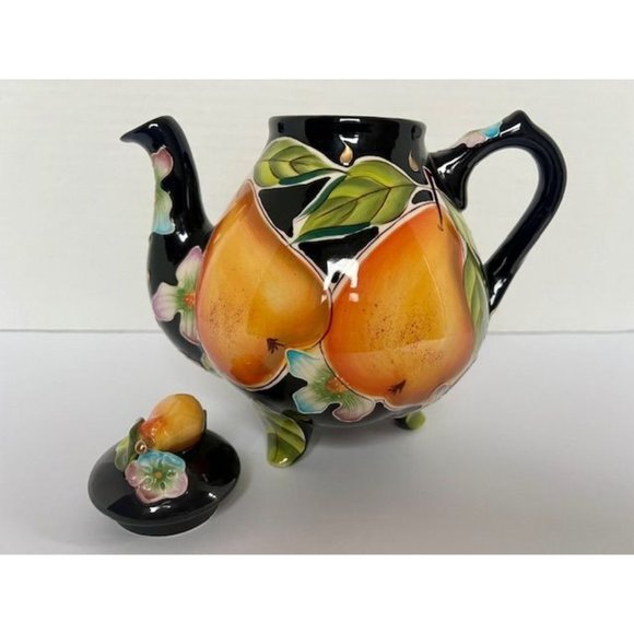 Blue Sky Black Bold Color Textured Icing on the Cake Pear Teapot Fruit Design - Picture 4 of 10